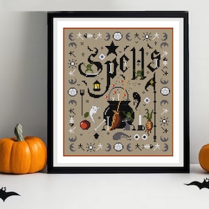 PDF DIGITAL chart-Magic spells-halloween cross stitch,witch,pumpkins,magic broom, bats, spell,spider,gost