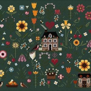 May include: A cross-stitch pattern featuring a charming cottage surrounded by a lush garden with various flowers, birds, and bees. The design includes sunflowers, tulips, hearts, and a basket of flowers.