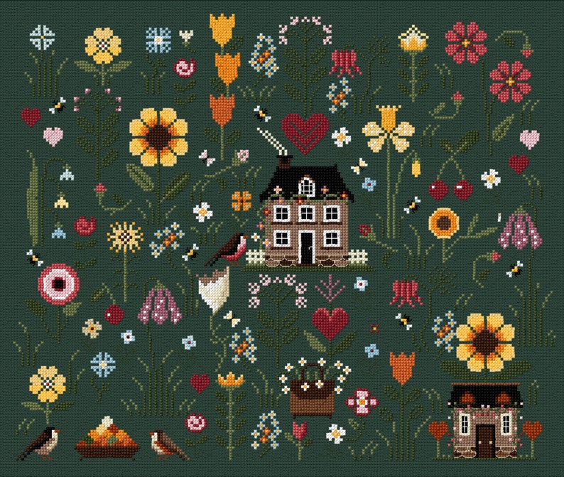 May include: A cross-stitch pattern featuring a charming cottage surrounded by a lush garden with various flowers, birds, and bees. The design includes sunflowers, tulips, hearts, and a basket of flowers.
