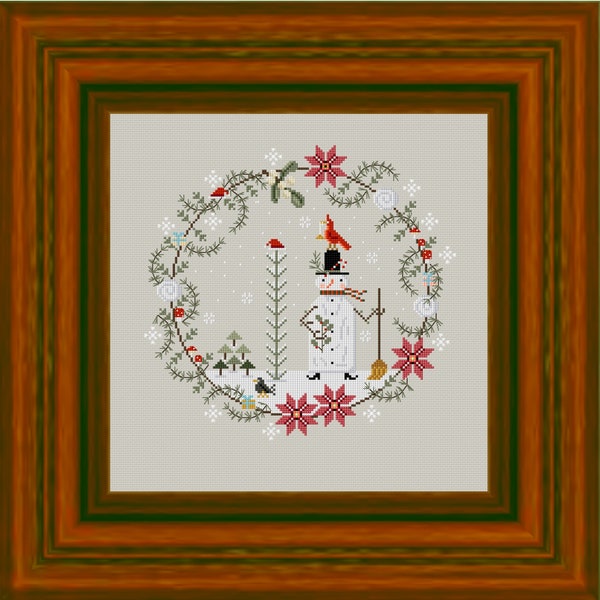 Wreath with snowman, Christmas Snowman Cross Stitch Pattern PDF,  Embroidery Chart