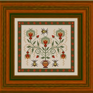 Cross stitch pattern Flower pot with bees. Cross stitch pattern PDF