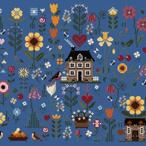 May include: A blue cross-stitch pattern featuring a cottage with a red heart and a variety of flowers, including sunflowers, tulips, and daisies.