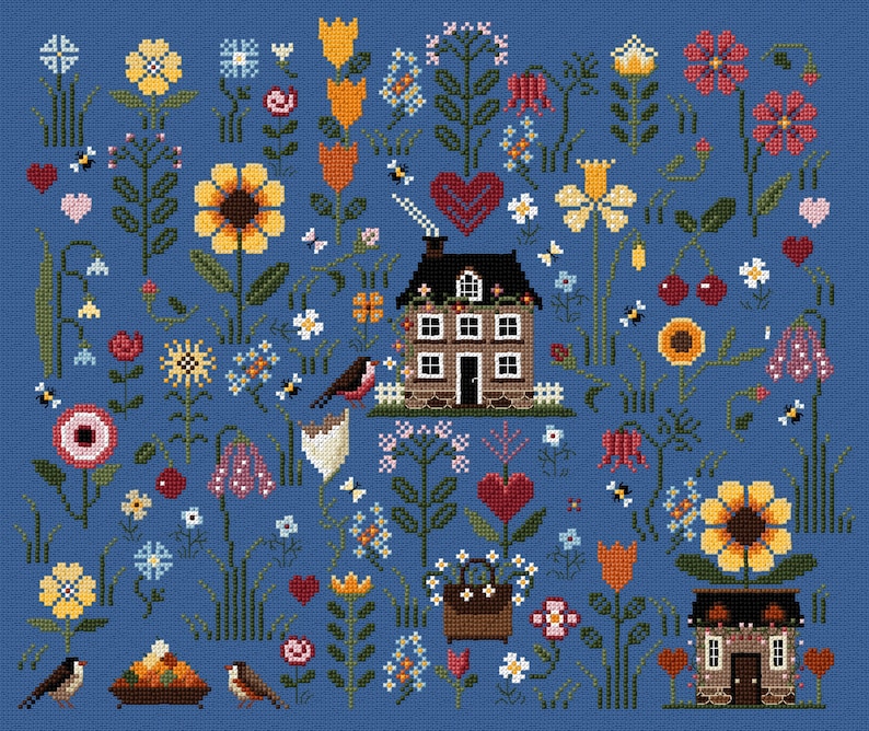 May include: A blue cross-stitch pattern featuring a cottage with a red heart and a variety of flowers, including sunflowers, tulips, and daisies.
