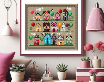 Sampler with colored house- cross stitch pattern - pdf file