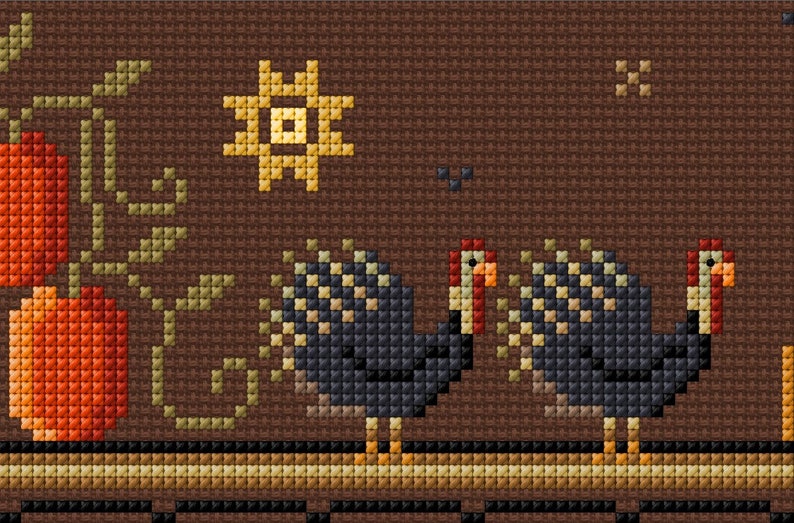 May include: Cross-stitch pattern featuring two turkeys with brown and black feathers, a yellow sun, and two orange pumpkins with green vines. The background is brown.