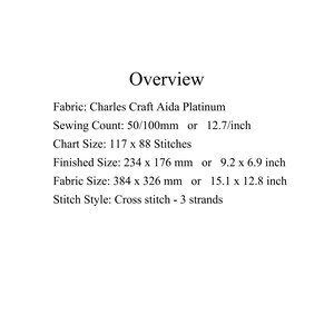 Puede incluir: Descripci&oacute;n general de un proyecto de punto de cruz utilizando tela Charles Craft Aida Platinum. El proyecto requiere 117 puntos de cruz por 88 puntos de cruz y dar&aacute; como resultado un tama&ntilde;o terminado de 23,4 cm por 17,6 cm. El tama&ntilde;o de la tela es de 38,4 cm por 32,6 cm.