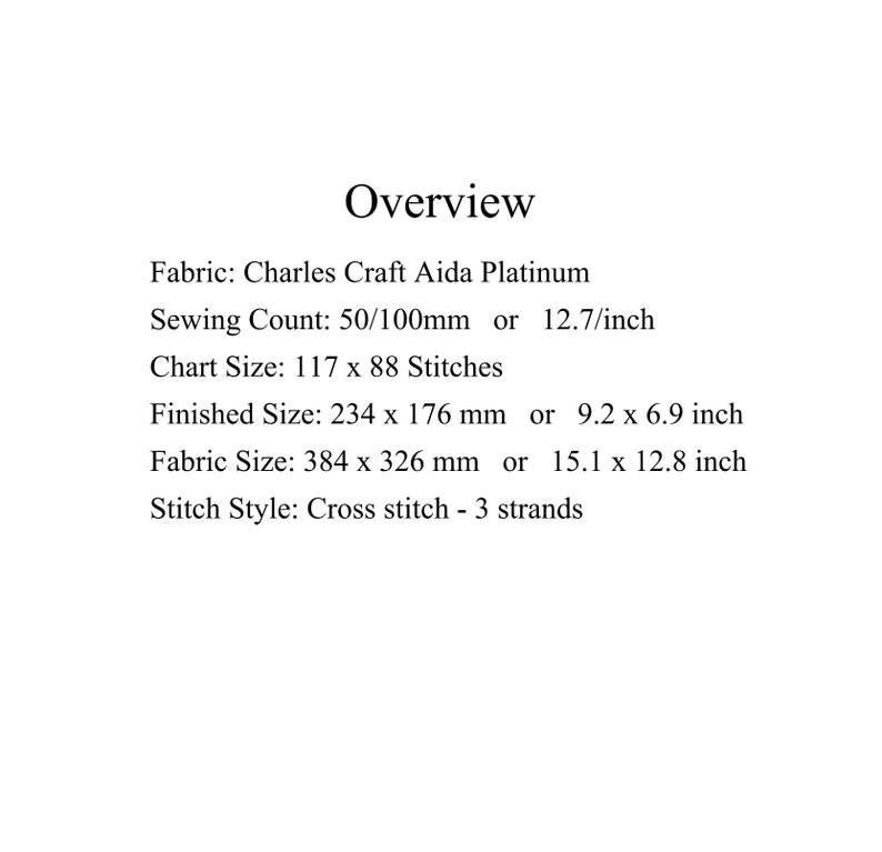 Puede incluir: Descripci&oacute;n general de un proyecto de punto de cruz utilizando tela Charles Craft Aida Platinum. El proyecto requiere 117 puntos de cruz por 88 puntos de cruz y dar&aacute; como resultado un tama&ntilde;o terminado de 23,4 cm por 17,6 cm. El tama&ntilde;o de la tela es de 38,4 cm por 32,6 cm.