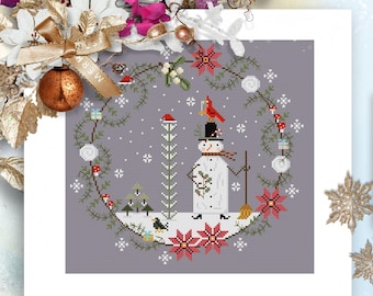 Corona con muñeco de nieve, Patrón de punto de cruz de muñeco de nieve navideño en PDF, Gráfico de bordado