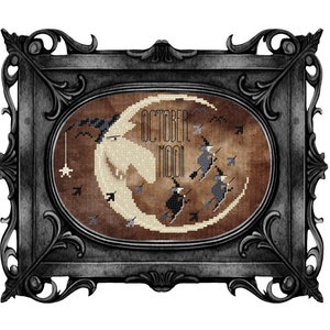 October Moon- primitive cross stitch- vintage cross stitch pattern in PDF- instant download file.