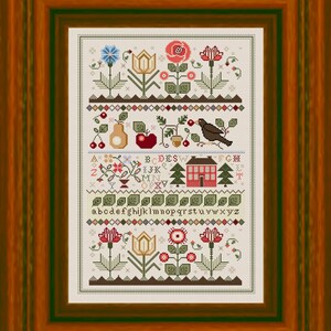 Sampler kruissteekpatroon met bloemen, fruit en bladeren in PDF-formaat