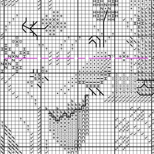 May include: Black and white cross stitch pattern chart with symbols for a design featuring a heart, flowers, and a bird.