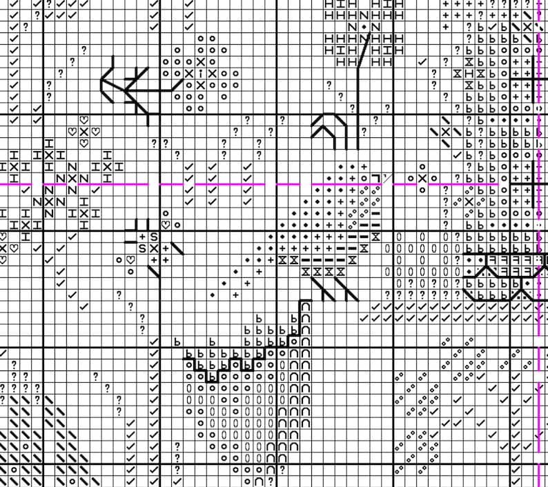 May include: Black and white cross stitch pattern chart with symbols for a design featuring a heart, flowers, and a bird.