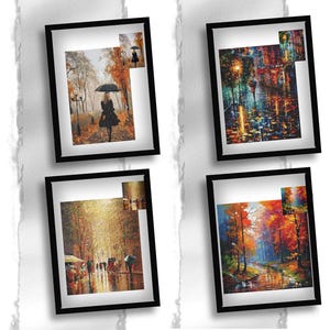 May include: Four framed paintings depicting autumn scenes with people walking in the rain. The paintings are in black frames and have a realistic style.