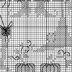 May include: Black and white cross stitch pattern featuring two pumpkins, a spider web, and a pair of black cats with bows. The pattern includes the text "Happy Halloween".