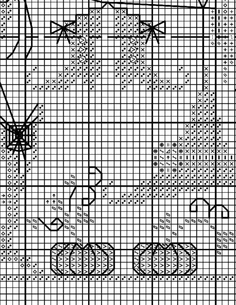 May include: Black and white cross stitch pattern featuring two pumpkins, a spider web, and a pair of black cats with bows. The pattern includes the text "Happy Halloween".