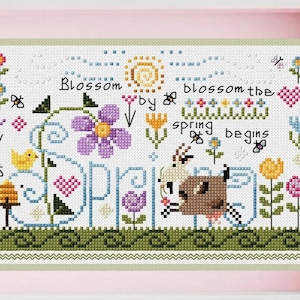 Spring Goat Cross Stitch Pattern PDF – Cute Baby Goat with Flowers & Chicks – Digital Embroidery Chart