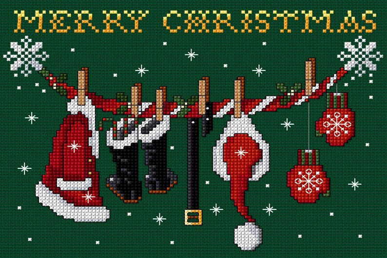 Puede incluir: Un fondo verde con el texto "Merry Christmas" en letras doradas. Un gorro de Pap&aacute; Noel rojo, botas negras y una manopla roja cuelgan de un tendedero con un bast&oacute;n de caramelo blanco y rojo.