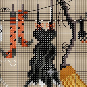 May include: Cross-stitch pattern featuring a black cat with orange bows, a spider web, and a pumpkin. The cat is standing on a white background with a brown grid.