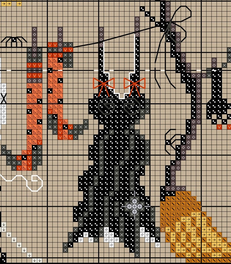 May include: Cross-stitch pattern featuring a black cat with orange bows, a spider web, and a pumpkin. The cat is standing on a white background with a brown grid.