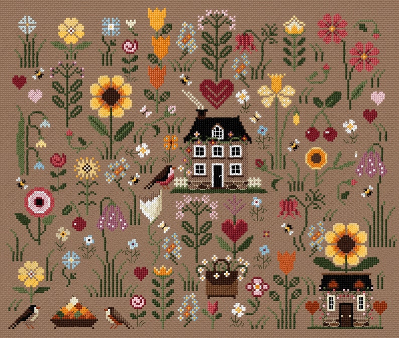 May include: A cross-stitch pattern featuring a brown house with a red heart above it, surrounded by a variety of flowers, including sunflowers, tulips, and daisies. There are also birds, bees, and butterflies in the design.