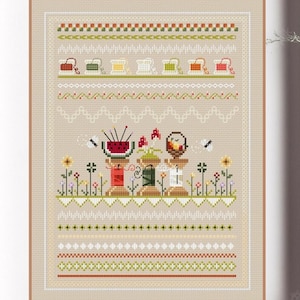 May include: Cross stitch pattern featuring a whimsical scene with a watermelon, a bird, and a spool of thread. The pattern includes a variety of colorful flowers and butterflies. The pattern is surrounded by a border of different stitches.