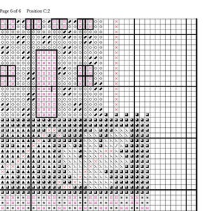 May include: A cross-stitch pattern chart with a grid of symbols, including squares, triangles, and crosses. The chart is labeled "Page 6 of 6 Position C:2". The symbols are in black, pink, and white.