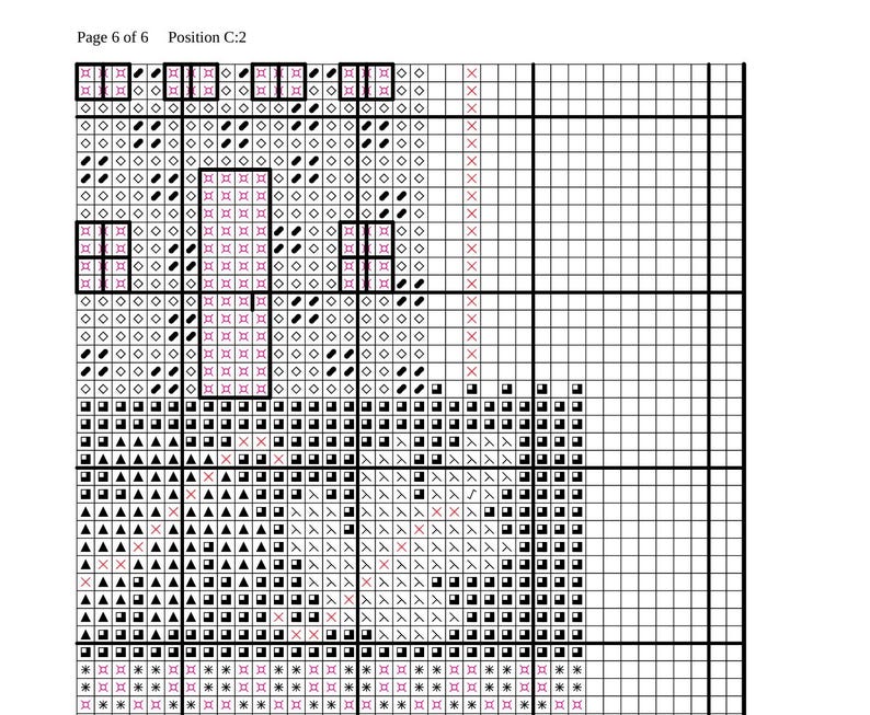 May include: A cross-stitch pattern chart with a grid of symbols, including squares, triangles, and crosses. The chart is labeled "Page 6 of 6 Position C:2". The symbols are in black, pink, and white.