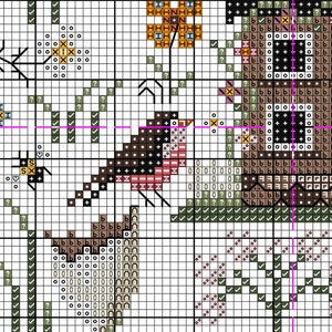 May include: Cross stitch pattern featuring a brown bird with a red breast, a small house, and flowers. The pattern is on a white background with black and brown grid lines.