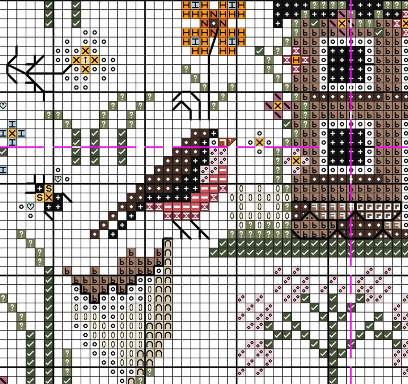 May include: Cross stitch pattern featuring a brown bird with a red breast, a small house, and flowers. The pattern is on a white background with black and brown grid lines.