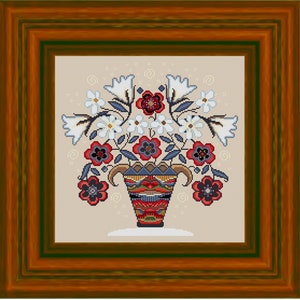 Vase with red flowers - Primitive Cross stitch pattern PDF
