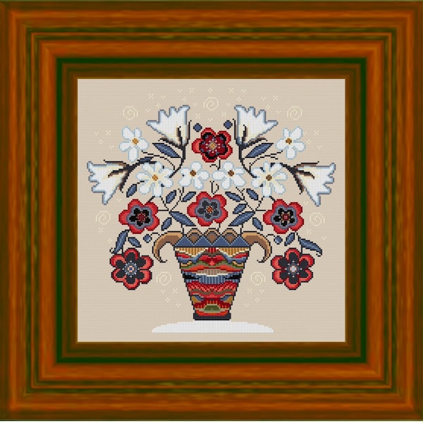 Vase with red flowers - Primitive  Cross stitch pattern PDF