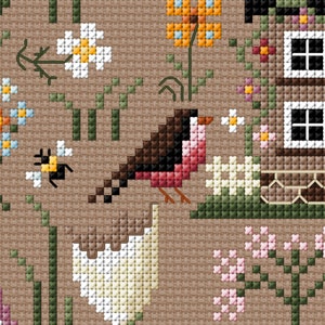 May include: A cross-stitch pattern featuring a brown bird with a pink breast, a bee, and a small brown house with white windows. The background is a brown fabric with green and white flowers.