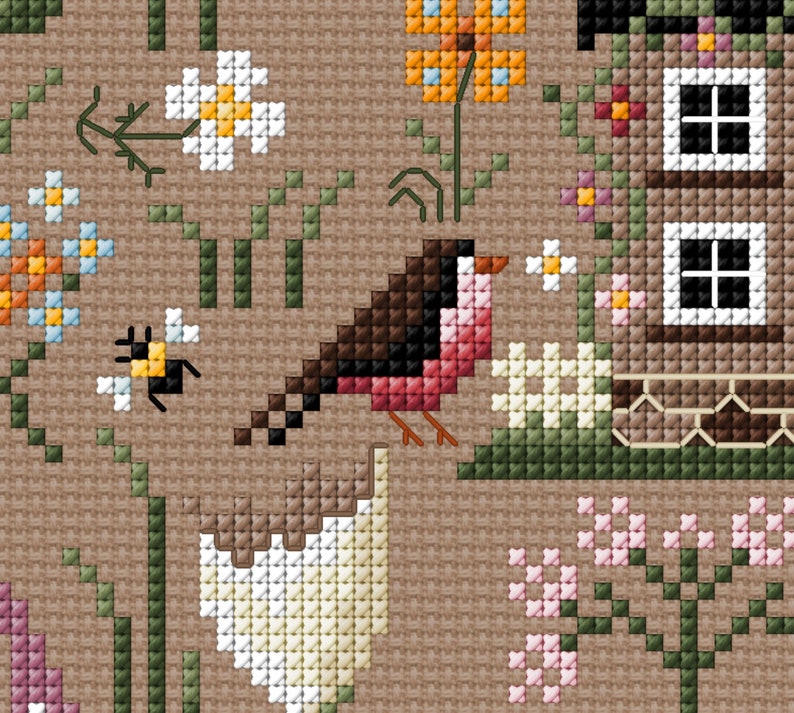 May include: A cross-stitch pattern featuring a brown bird with a pink breast, a bee, and a small brown house with white windows. The background is a brown fabric with green and white flowers.