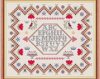 Sampler with red flowers - cross stitch pattern in PDF