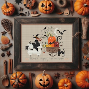 October 31 HAPPY HALLOWEEN - cross stitch pattern PDF in color and black and white.