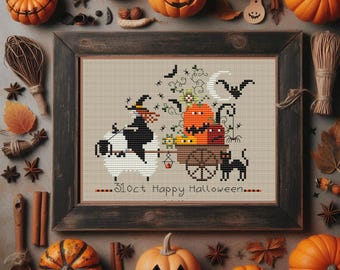 October 31 HAPPY HALLOWEEN - cross stitch pattern PDF in color and black and white.