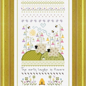 Cross Stitch Pattern PDF – The Earth Laughs in the Flowers – Elegant Sampler in Pastel Tones