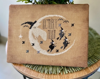 October Moon - primitive cross stitch - vintage cross stitch pattern in PDF - instant download file.