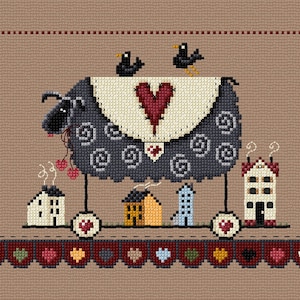 May include: A black sheep with a red heart on its chest is pulling a train of small houses on wheels. Two black birds are perched on the sheep's back. The houses are white, yellow, and blue.