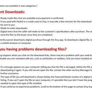 May include: A text-based guide on Etsy's digital download process, explaining how to download digital items purchased on the platform. The guide includes troubleshooting tips for common download issues, such as damaged files or missing software.