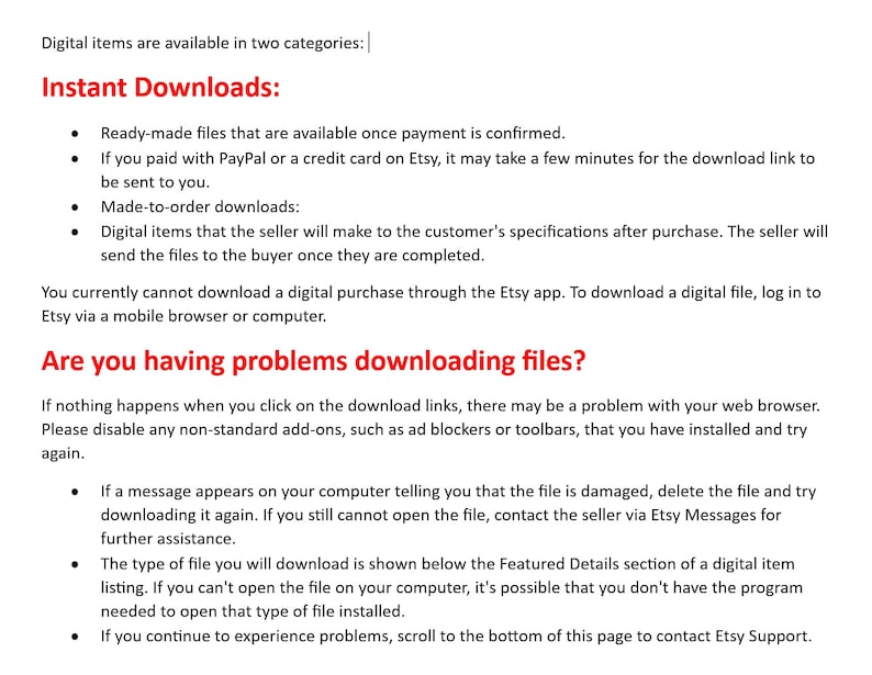 May include: A text-based guide on Etsy's digital download process, explaining how to download digital items purchased on the platform. The guide includes troubleshooting tips for common download issues, such as damaged files or missing software.