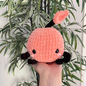 May include: A crocheted plush toy shaped like a pink and black crab. The toy has a round body, small black eyes, and black crocheted legs and tail.