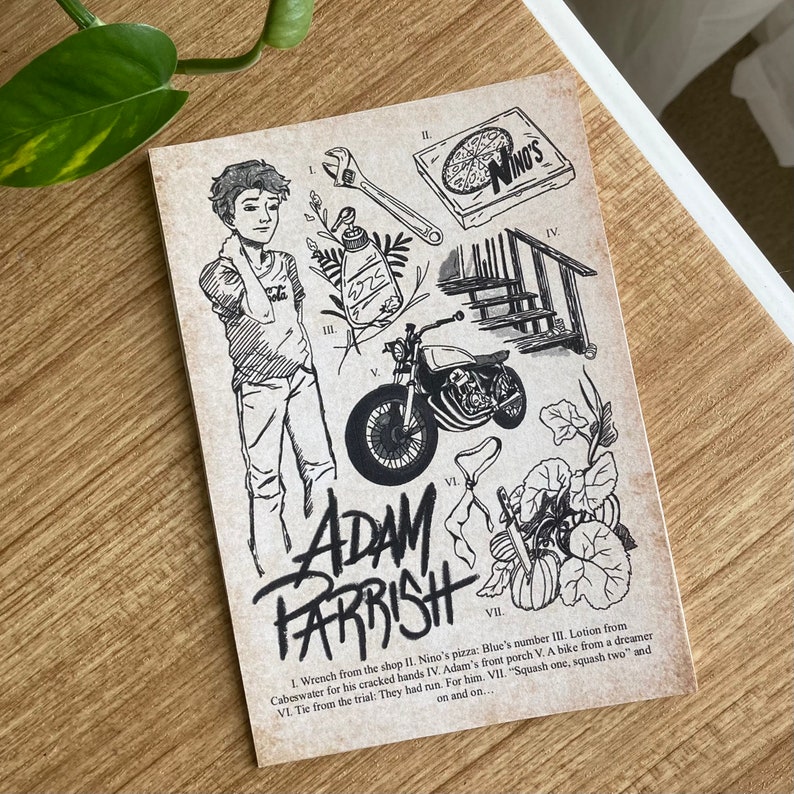 K&ouml;nnte beinhalten: Eine Schwarzwei&szlig;illustration eines Mannes mit einem Schraubenschl&uuml;ssel, einer Pizzakarton, einem Motorrad, einem Haus, K&uuml;rbissen und einer Krawatte. Der Text "ADAM PARRISH" ist in einer stilisierten Schriftart geschrieben. Der Text "I. Wrench from the shop II. Nino's pizza: Blue's number III. Lotion from Cabeswater for his cracked hands IV. Adam's front porch V. A bike from a dreamer VI. Tie from the trial: They had run. For him. VII. "Squash one, squash two" and on and on..." ist unter der Illustration geschrieben.