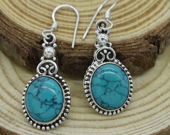 Natural Turquoise Earrings, 925 Sterling Silver Earrings, Turquoise Gemstone, Free Shipping, American Seller RE-39