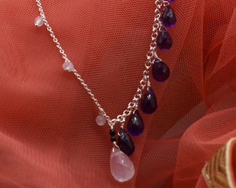 Collar de amatista natural y cuarzo rosa, collar de plata de ley 925, amatista, cuarzo rosa, envío gratis. Vendedor estadounidense JN21.