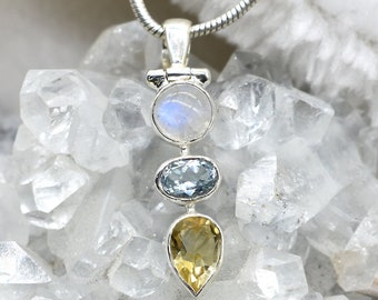 Natural Rainbow Moonstone Pendant, 925 Sterling Silver Pendant, Moonstone Citrine & Topaz Pendant, Free Shipping, American Seller PJ-255
