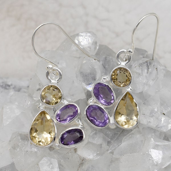 Natural Citrine & Amethyst Earrings, 925 Sterling Silver Earrings, Citrine, Amethyst Gemstone, Free Shipping, American Seller RE987