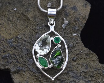 Natural Green Amethyst Emerald & Onyx Pendant, 925 Sterling Silver Pendant, Amethyst Gemstone, Free Shipping, American Seller PJ-228
