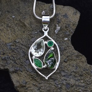 Natural Green Amethyst Emerald & Onyx Pendant, 925 Sterling Silver Pendant, Amethyst Gemstone, Free Shipping, American Seller PJ-228