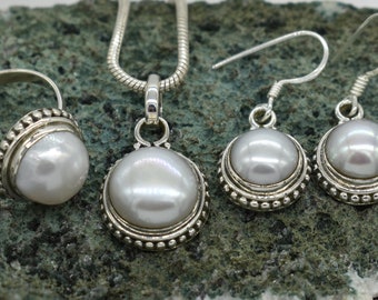 Natural Pearls Ring Earrings Pendant Set, 925 Sterling Silver Matching Set , Pearls Gemstone, Free Shipping, American Seller RPE10